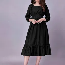 Raiyani Enterprise Round Neck Ruffles Detail Puff Sleeves Fit & Flare Midi Dress-image-56