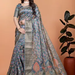 THE AQUARIUS Floral Silk Blend Handloom Saree-image-22
