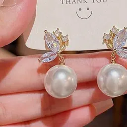 Estailo fashion Artificial Stones Studded And Beaded Spherical Shaped Drop Earrings image 3