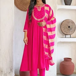 Navlik Women Ethnic Motifs Embroidered Tiered Thread Work Chanderi Silk Kurta with Trousers & With Dupatta-image-77