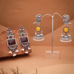 DIVASTRI Set Of 2 Silver-Plated Artificial Stones Studded Oxidised Dome Shaped Jhumkas-picture-21