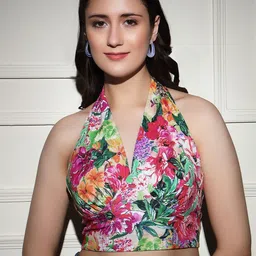 VANGULL Women Floral Printed Halter Neck Sleeveless Wrap Crop Top-picture-19