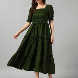 Femvy Women Solid Square Neck Casual Dress-image-86