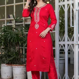 SWEETPEL Women Ethnic Motifs Embroidered Thread Work Kurta with Trousers & With Dupatta image 5