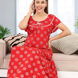 NIGHTY KING Bandhani Printed Short Sleeves Pure Cotton Maxi Nightdress-picture-34