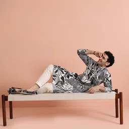 KISAH Floral and Geometric Printed Mandarin Collar Straight Kurta-image-93