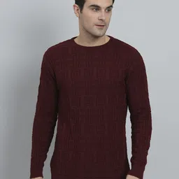 ewools Men Self Design Round Neck Maroon Sweater-picture-14