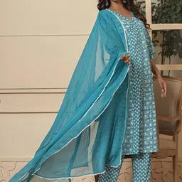 Yufta Women Ethnic Motifs Printed Regular Pure Cotton Kurta with Trousers & With Dupatta image 1