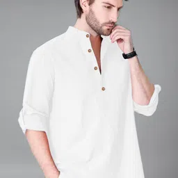 Vida Loca Men Mandarin Collar Roll-Up Sleeves Slim Fit Cotton Kurta image 4