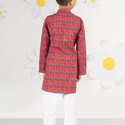 VASTRAMAY Boys Floral Printed Mandarin Collar Kantha Work Pure Cotton Kurta with Pyjamas image 3