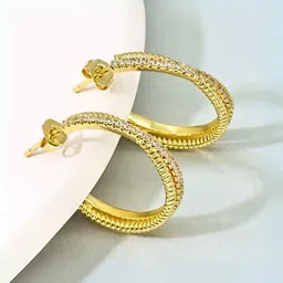 Inaya Stainless Steel 18kt Gold-Plated Cubic Zirconia Studded Contemporary Hoop Earrings image 1