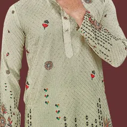 WELL TEX Men Floral Printed Mandarin Collar Straight Kurta image 3