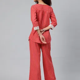 Cottinfab Vertical Stripes Tie-Up Neck Lace Inserts Pure Cotton Longline Top with Palazzos image 5