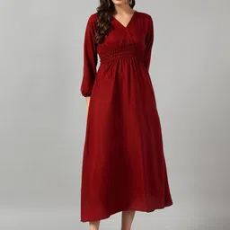 Femvy Women V-Neck Puff Sleeve Crepe Empire Midi Dress-image-49