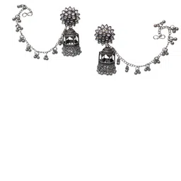 MEIRA JEWELLERY Silver-Plated Artificial Studded & Beaded Oxidised Dome Shaped Jhumkas image 2