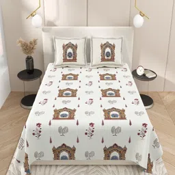 INDRA'S Off White & Blue Ethnic Motifs 160 TC King Bedsheet with 2 Pillow Covers image 3