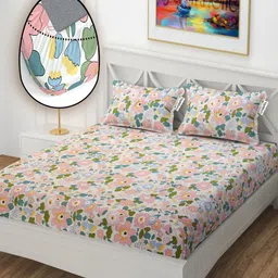 YaAkholic White & Pink 210 TC Queen Bedsheet with 2 Pillow Covers-image-32