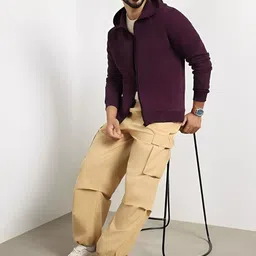 Kushi Flyer Men Purple Solid Fleece Hooded Open Front Jacket image 4