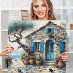 RANDOM White & Blue The Shutters & The Main Door On The Stone House Canvas Wall Art image 2