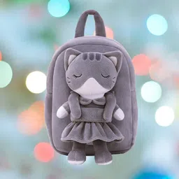 frantic Premium Quality Soft Fabric Kids Velvet School Bag (FullBodyGreyCat) Plush Bag image 2