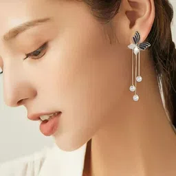 kazare Rhodium-Plated Artificial Stones & Beaded Contemporary Drop Earring image 3