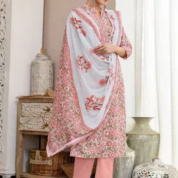 SANISA Women Floral Printed Regular Kurta with Trousers & With Dupatta image 5