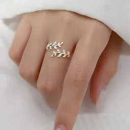 Peora Silver-Plated American Diamonds Studded Leaf Shaped Finger Ring With Rose Gift Box image 5