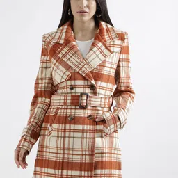 ELLE Checked Notched Lapel Collar Full Sleeves Double Breasted Overcoat-picture-25