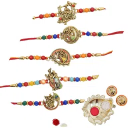 MEIRA JEWELLERY Set Of 5 Beaded Radha Krishna Rakhi Comes with Roli Chawal & Greeting Card image 2