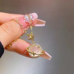 SUYUG Stainless Steel Gold-Plated Cubic Zirconia Circular Pendants With Chains image 2