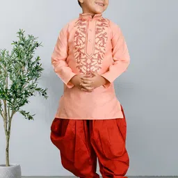 Sangria Boys Floral Embroidered Thread Work Dupion Silk Straight Kurta With Dhoti Pant-picture-21