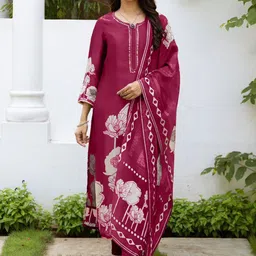 Anouk Pink and Grey Floral Printed Mirror Work Pure Cotton Kurta with Trouser & Dupatta-image-12