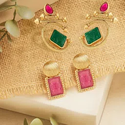 Zaveri Pearls Set Of 2 Gold-Plated Artificial Stones Studded Contemporary Drop Earrings-picture-18