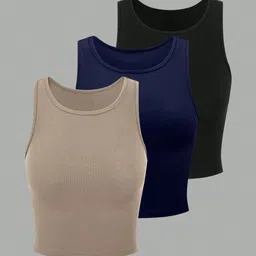 KERI PERRY Pack Of 3 Ribbed Round Neck Tank Crop Tops-picture-25