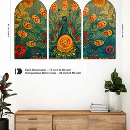 Myntra Elegant Homes Set OF 3 Green MDF Other Colorful Peacock Folk Art Wall Paintings image 5