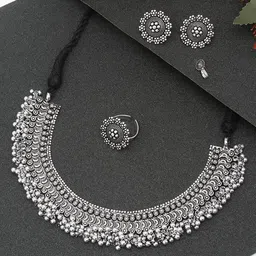 Arch gallery Women Pack Of 1 Oxidised Silver Jewellery Set With Finger Ring & Nose Ring image 1