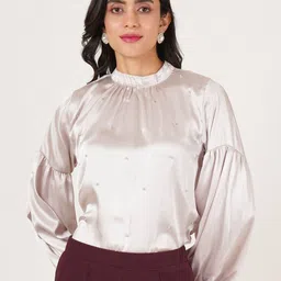 Moda Rapido Embellished Puff Sleeve Satin Top-image-59