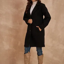 CLAPTON Women Solid Tweed Blazer With Notch Lapel & Button Closure Black image 3