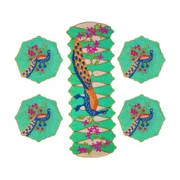 YWULY Green & Blue 5 Pieces Peacock Embellished Table Linen Set image 2