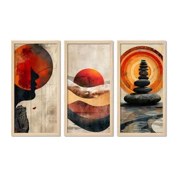 ArtVibes Beige & Grey 3 Pieces Abstract Wooden Painting Wall Arts-picture-23