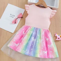 Xsole Girls Graphic Printed Round Neck Flutter Sleeve Fit & Flare Dress image 4