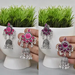 MEIRA JEWELLERY Set Of 2 German Silver Plated Stones Studded & Beaded Dome Shaped Jhumkas-image-81