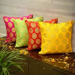 RoyalDeco Red & Beige 4 Pieces Ethnic Motifs Brocade Square Cushion Covers-picture-33