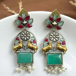 NAMAN ARTS Silver-Plated Artificial Stones Studded And Beaded Contemporary Drop Earrings-image-23