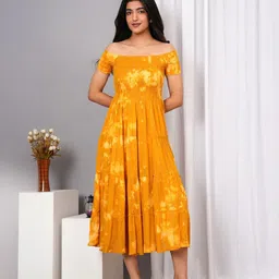 IQRAAR Tie and Dye Dyed Smocked Detail Off-Shoulder Fit & Flare Midi Dress-image-84