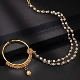 LUCKY JEWELLERY Gold-Plated Cubic Zirconia Chained Nosepin-picture-18