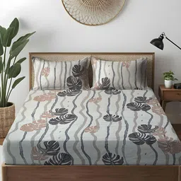 WEAVE AND DECOR White & Grey Floral Microfiber 300TC Fitted Queen Bedsheet Set-1.82mx1.82m-picture-10