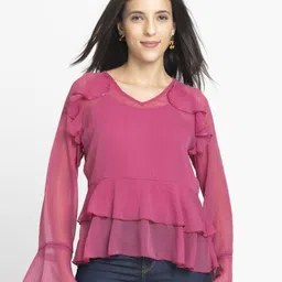 SHAYE Women Rose Pink V-Neck Solid Full Sleeves Casual Tops With Cami-picture-25