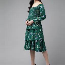 BAESD Floral Printed Off-Shoulder Puff Sleeve Georgette Layered Fit & Flare Midi Dress image 3