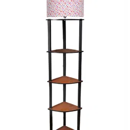 Devansh White Printed Cotton Wooden Floor Lamp With Shelves image 4